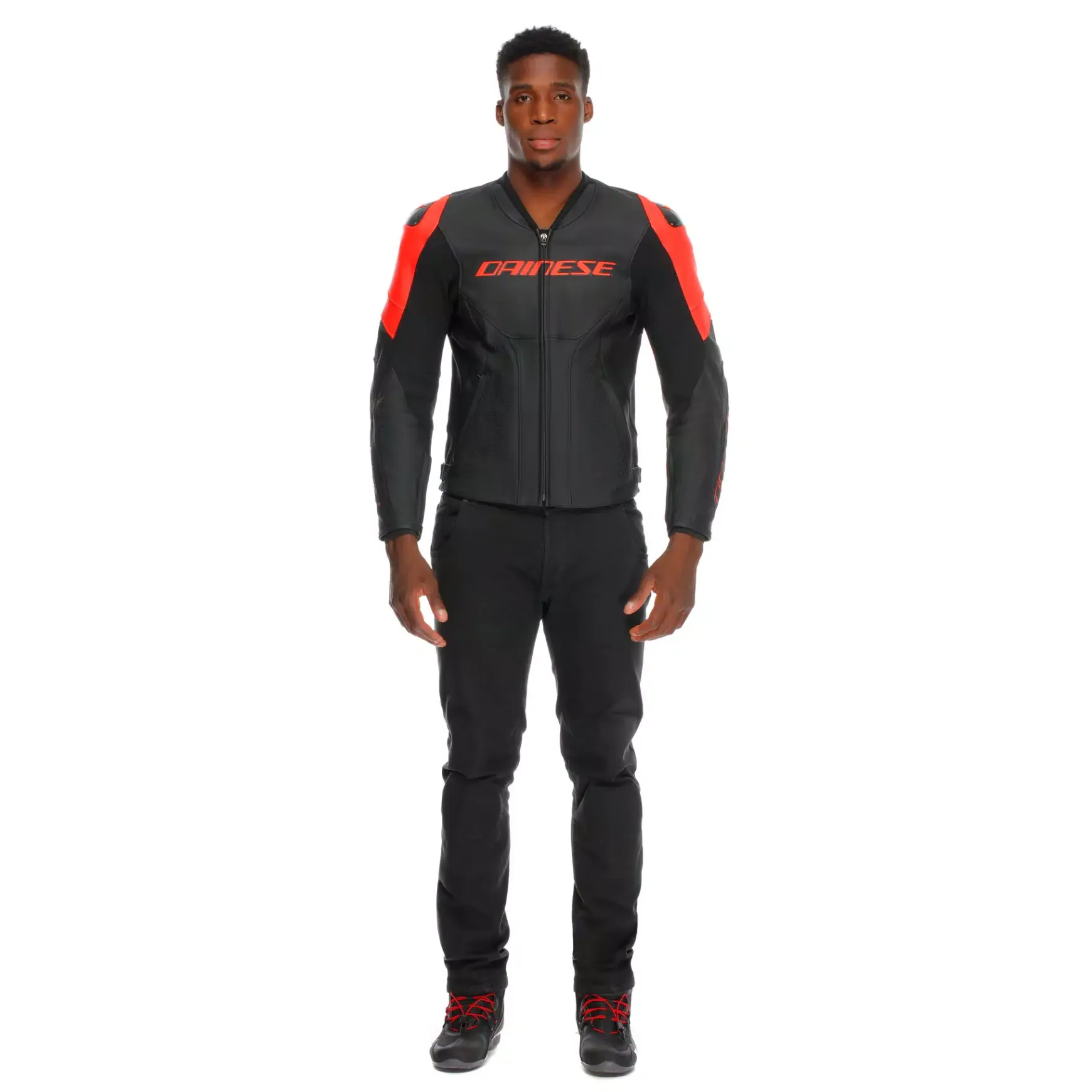 Dainese RACING 5 – PERFORIERTE LEDER-MOTORRADJACKE HERREN BLACK/BLACK/RED-FLUO Clearance