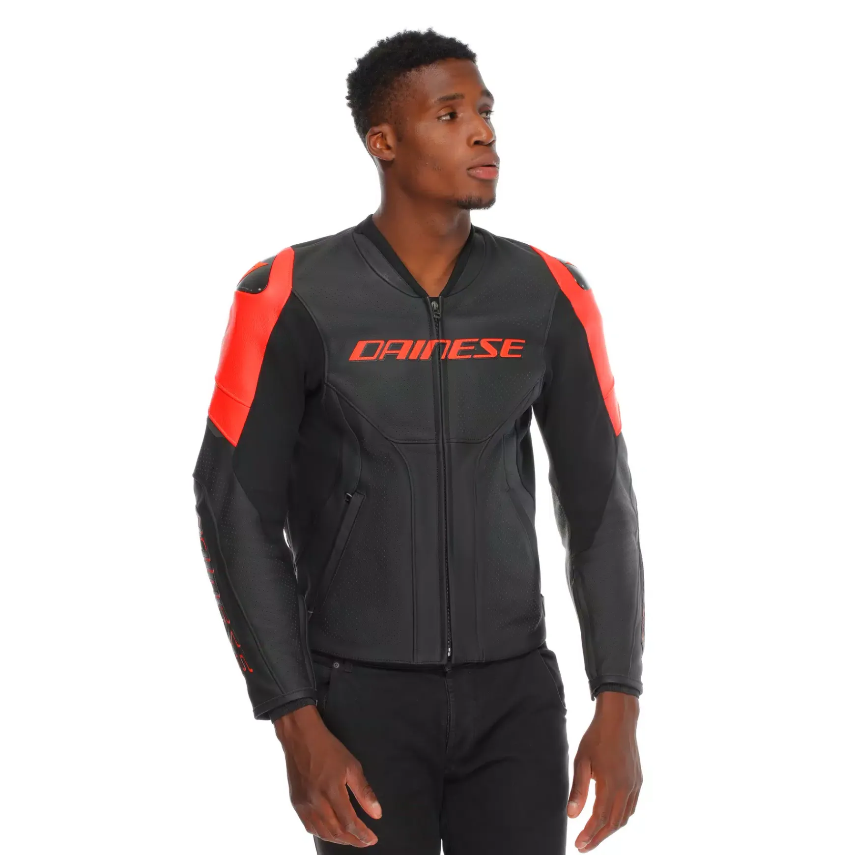 Dainese RACING 5 – PERFORIERTE LEDER-MOTORRADJACKE HERREN BLACK/BLACK/RED-FLUO Clearance