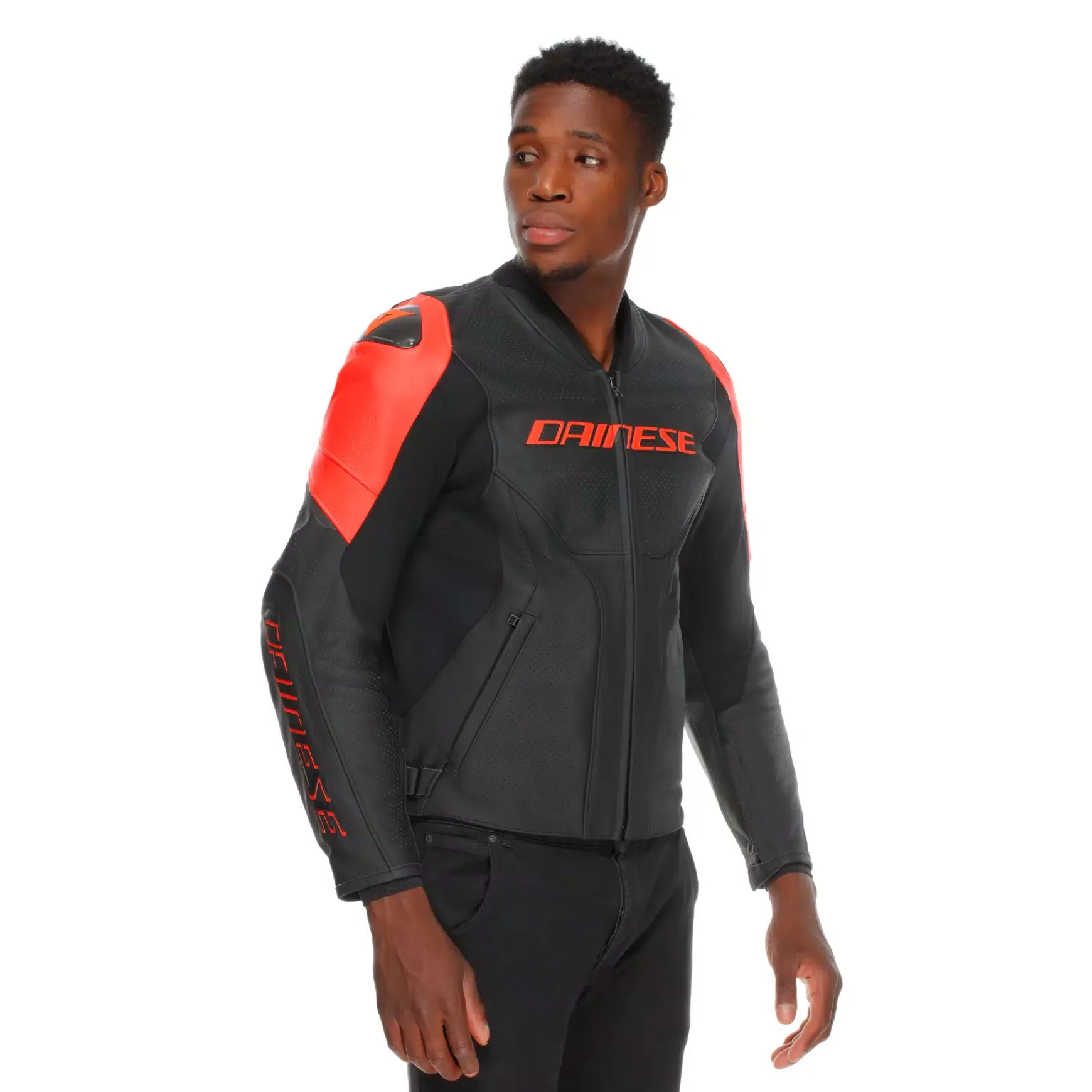 Dainese RACING 5 – PERFORIERTE LEDER-MOTORRADJACKE HERREN BLACK/BLACK/RED-FLUO Clearance