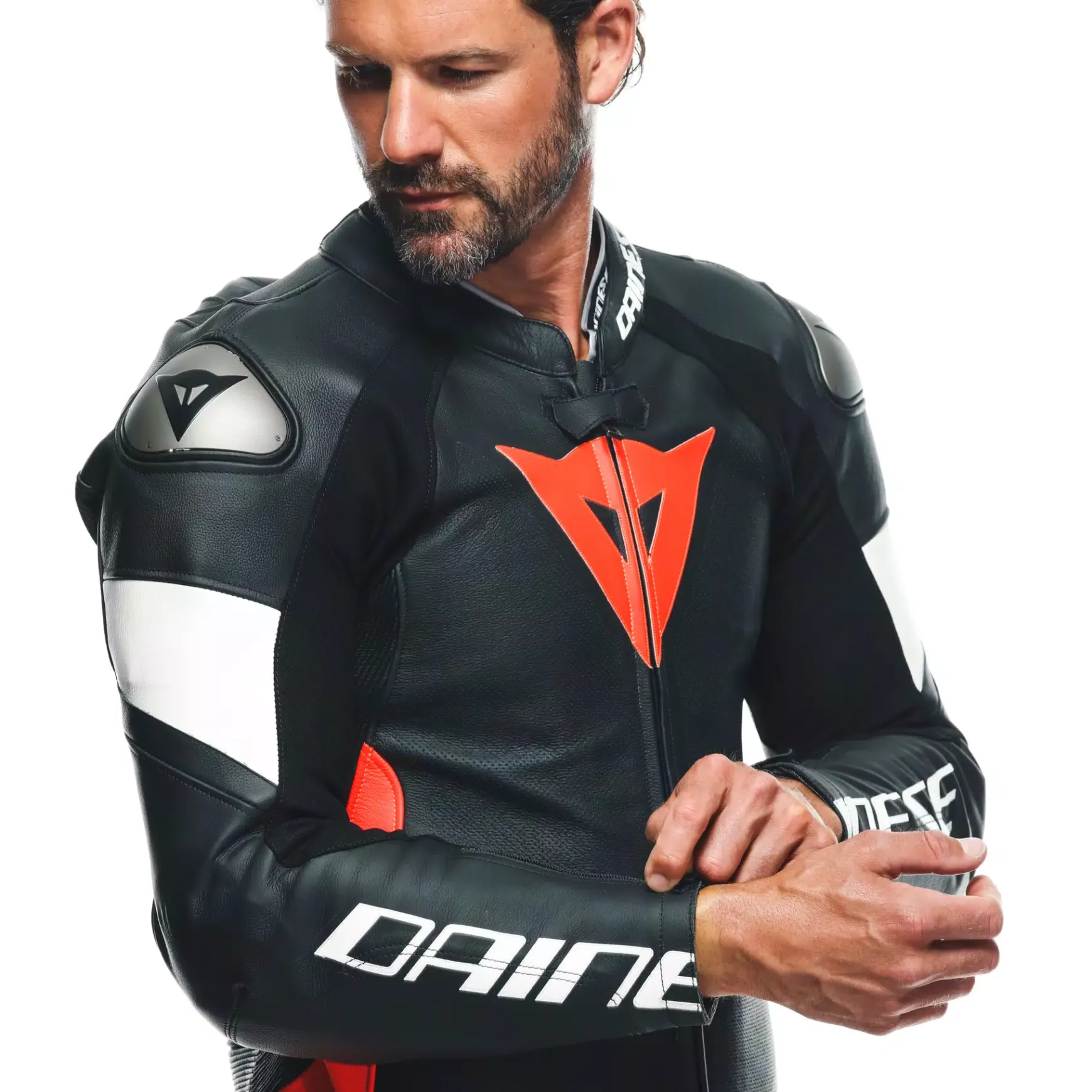 Dainese TOSA 1 PCS LEATHER SUIT PERF BLACK/FLUO-RED/WHITE Sale